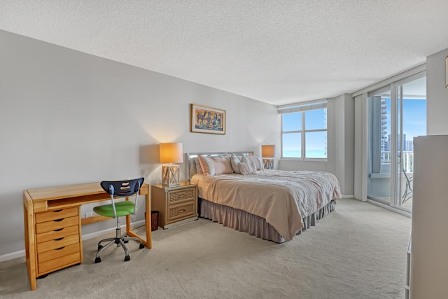 bedroom with light carpet, access to outside, and a textured ceiling