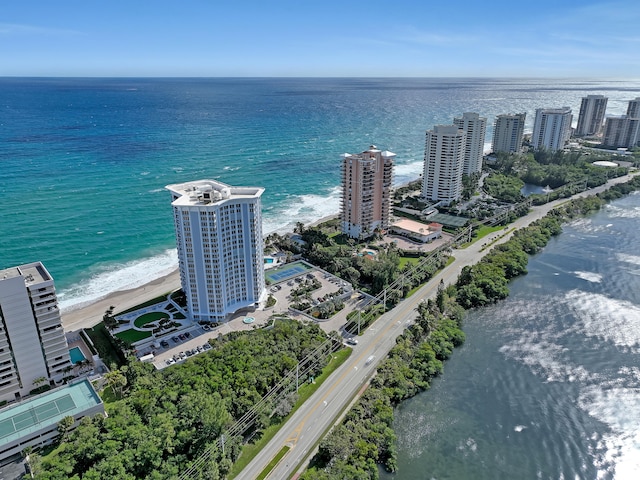 aerial view featuring a water view