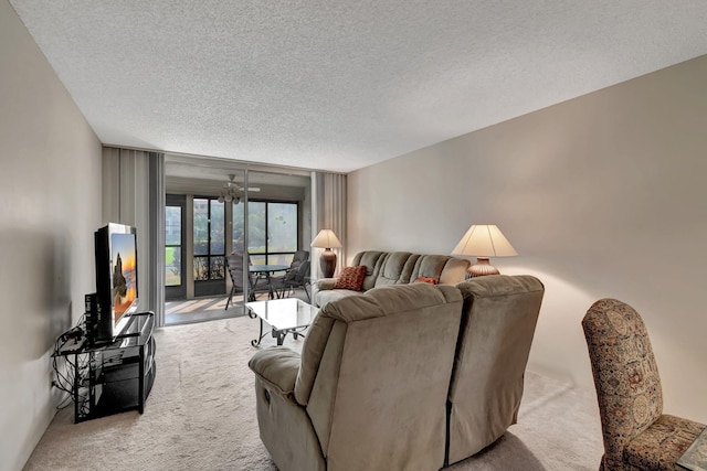 living room featuring light colored carpet and a textured ceiling