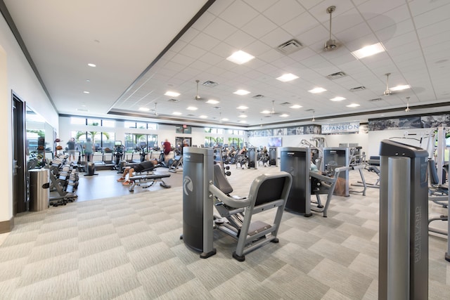 workout area with light colored carpet