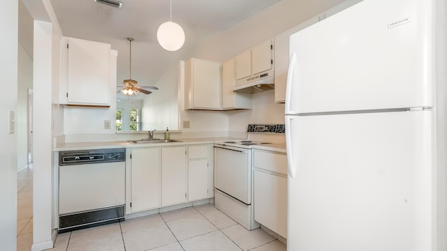 kitchen with ceiling fan, light tile floors, sink, white appliances, and pendant lighting