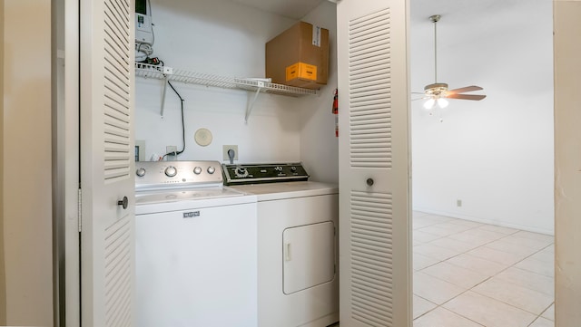 laundry room featuring washer and clothes dryer, hookup for an electric dryer, washer hookup, light tile floors, and ceiling fan