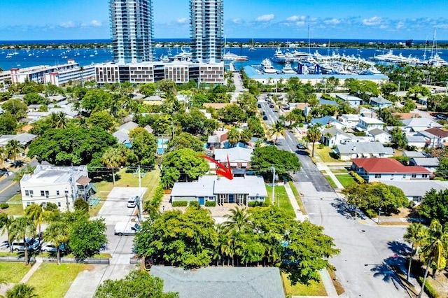 aerial view featuring a water view