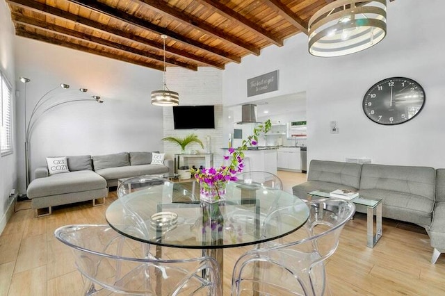 living room featuring brick wall, light hardwood / wood-style flooring, beam ceiling, and wooden ceiling