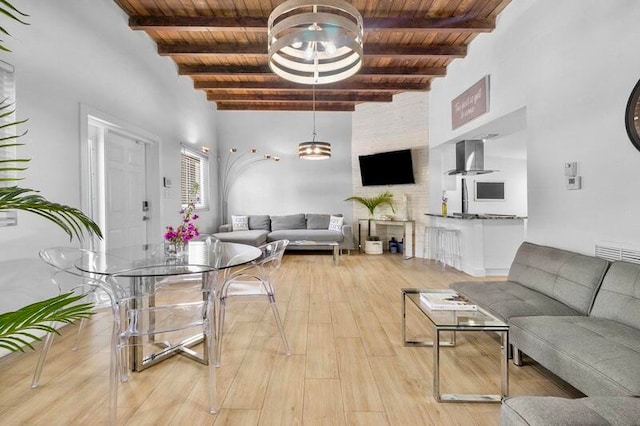 living room featuring wood ceiling, beam ceiling, and light hardwood / wood-style floors