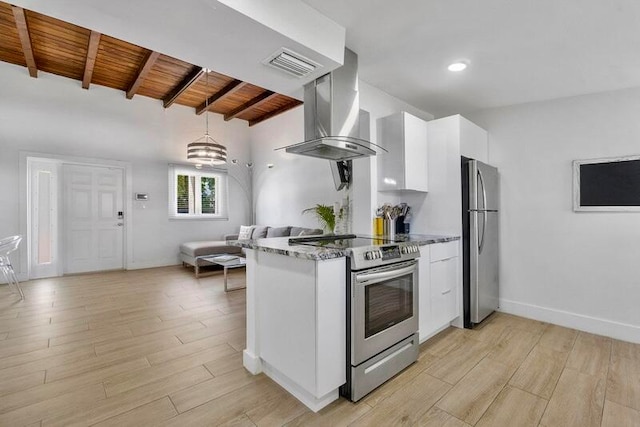 kitchen featuring beamed ceiling, appliances with stainless steel finishes, wood ceiling, hanging light fixtures, and island exhaust hood