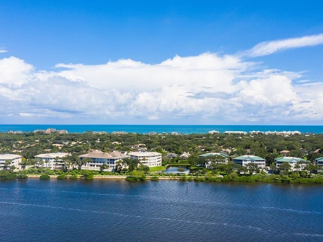 aerial view featuring a water view