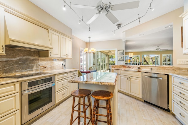 kitchen with appliances with stainless steel finishes, backsplash, ceiling fan with notable chandelier, premium range hood, and track lighting