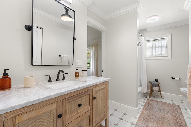 full bathroom with toilet, vanity, ornamental molding, and shower / bathtub combination with curtain