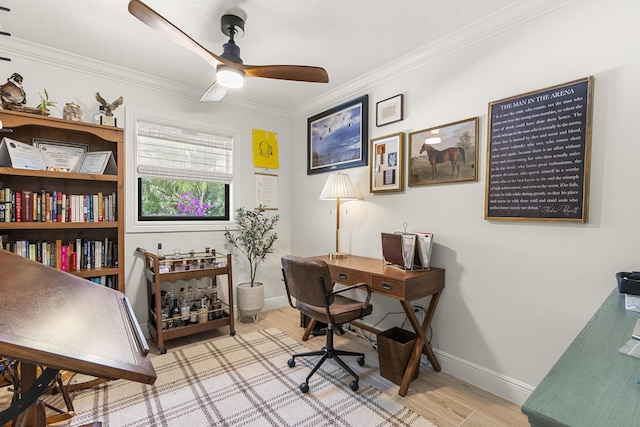 office featuring ceiling fan, light hardwood / wood-style flooring, and ornamental molding