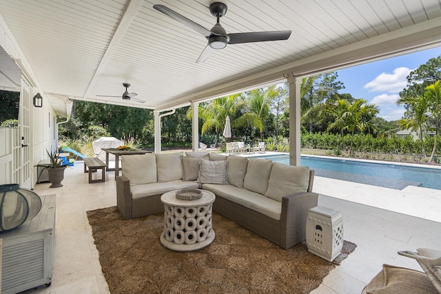 view of patio featuring an outdoor hangout area and ceiling fan