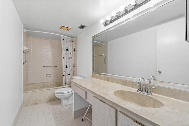 full bathroom featuring shower / tub combo, toilet, tile flooring, and vanity