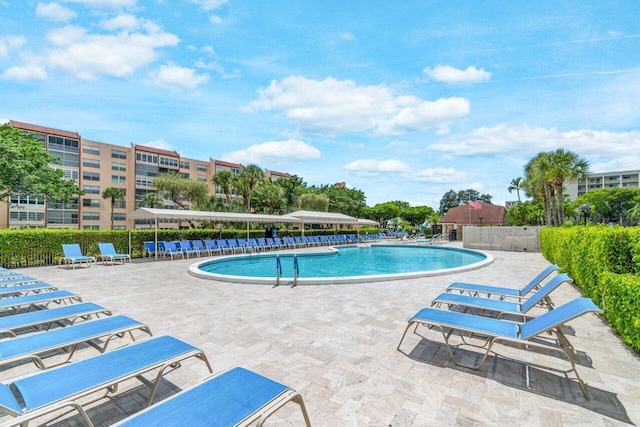 view of swimming pool featuring a patio area