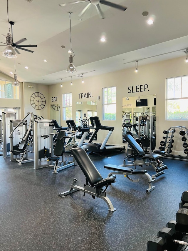 workout area featuring rail lighting and ceiling fan