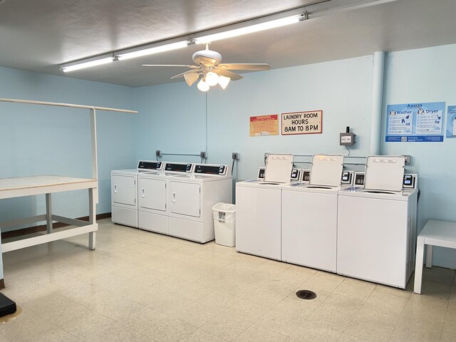 clothes washing area featuring ceiling fan and washing machine and dryer