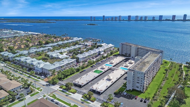 drone / aerial view with a water view