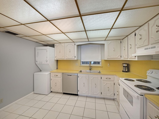 kitchen with dishwasher, a paneled ceiling, sink, and white electric range