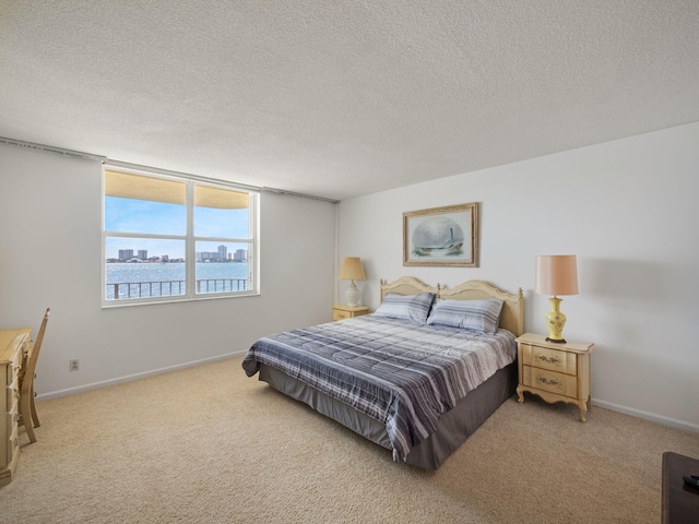 carpeted bedroom with a textured ceiling