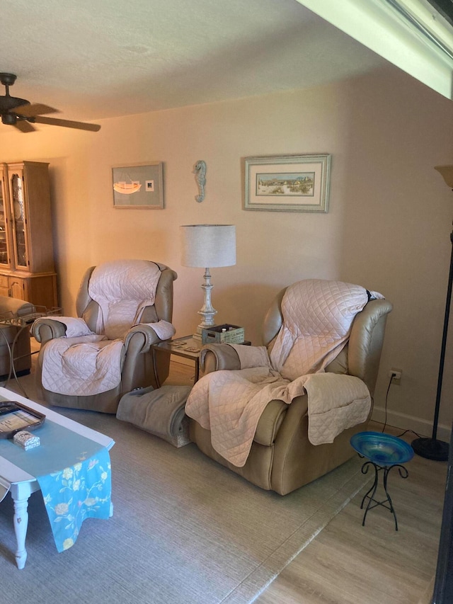 living room featuring wood-type flooring and ceiling fan