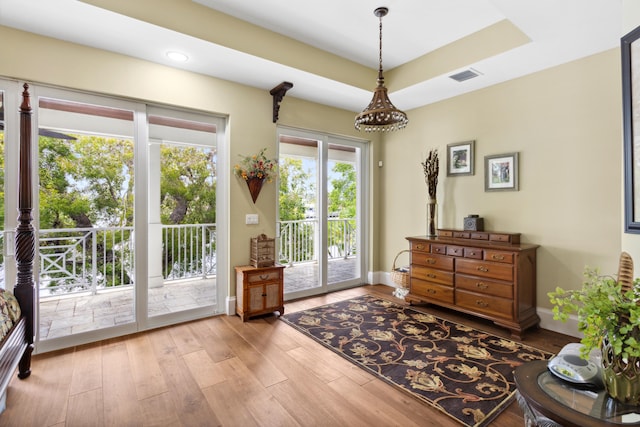 entryway with a raised ceiling and hardwood / wood-style flooring