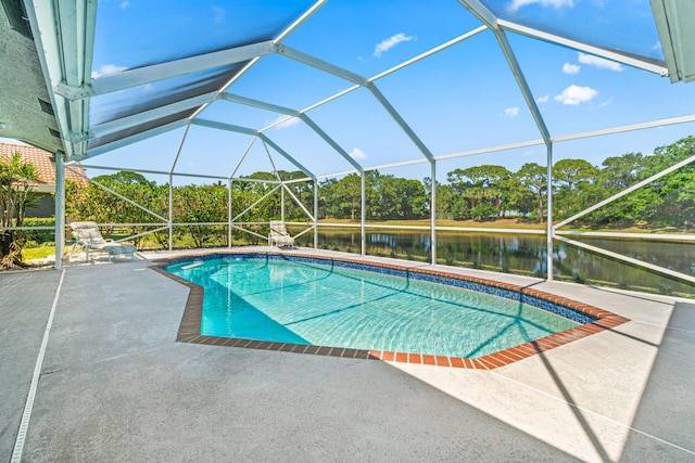 view of swimming pool with a lanai, a water view, and a patio