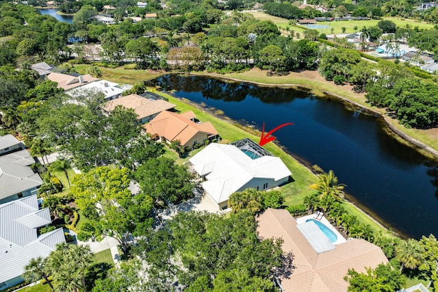 bird's eye view with a water view