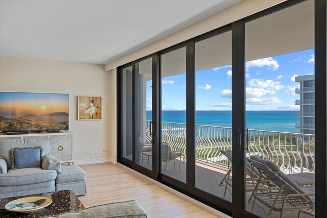 living room featuring light hardwood / wood-style floors, a water view, and plenty of natural light