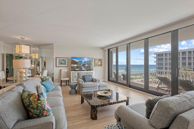 living room featuring a water view and light wood-type flooring