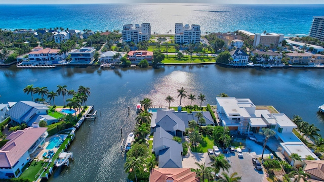 drone / aerial view featuring a water view