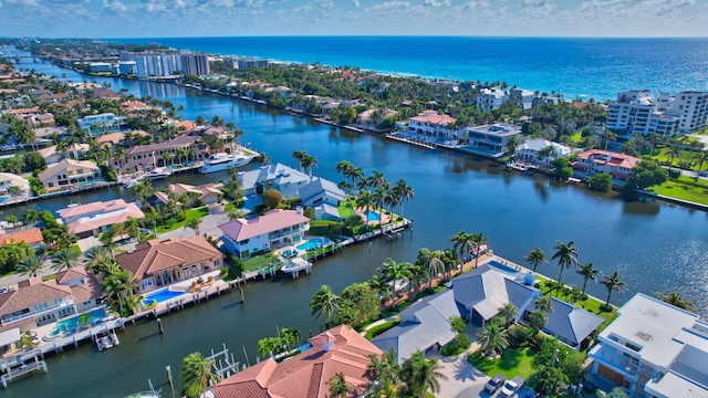 bird's eye view with a water view