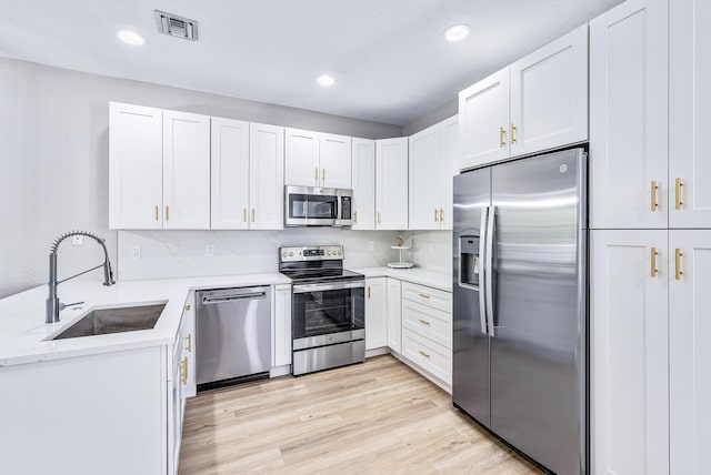 kitchen with appliances with stainless steel finishes, sink, light wood-type flooring, and white cabinets