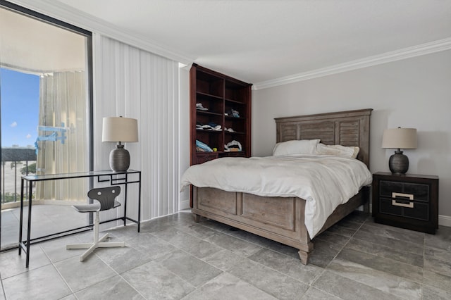 tiled bedroom featuring ornamental molding and access to outside