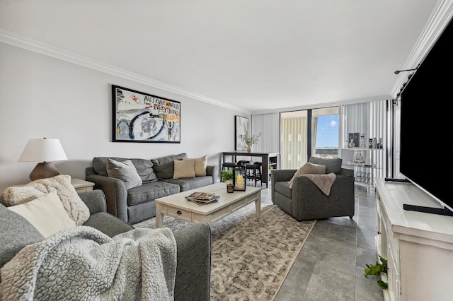 living room featuring ornamental molding, tile flooring, and expansive windows