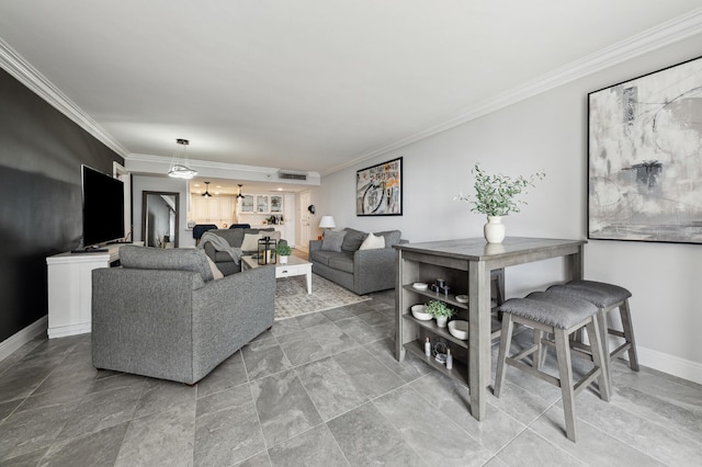 tiled living room featuring crown molding