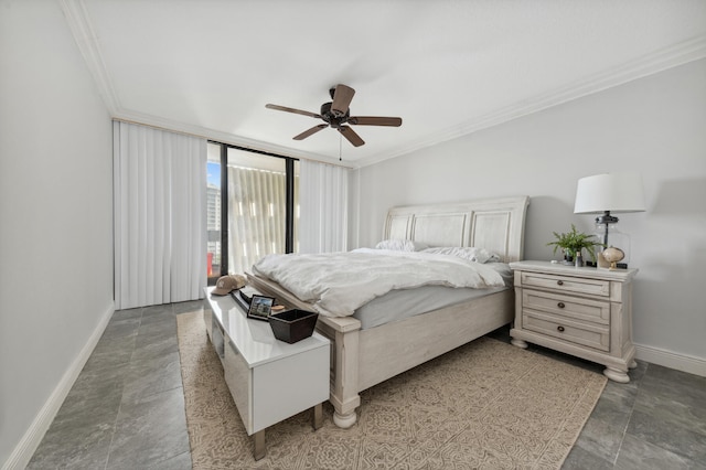 bedroom featuring ceiling fan, crown molding, and dark tile flooring