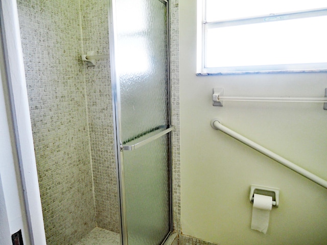 bathroom with a shower with shower door