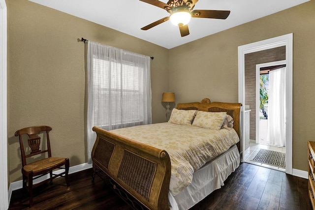 bedroom with ceiling fan, dark hardwood / wood-style flooring, and multiple windows