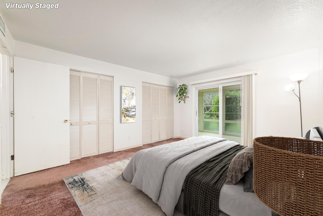 carpeted bedroom with two closets and access to outside