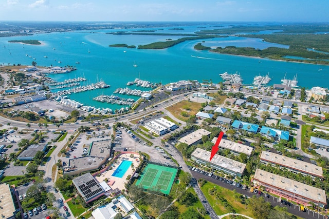 aerial view featuring a water view