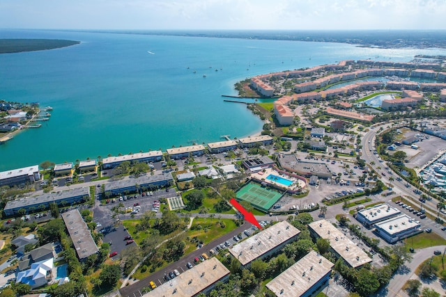 drone / aerial view with a water view