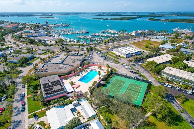 drone / aerial view with a water view