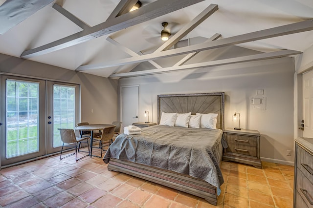 bedroom featuring access to exterior, french doors, ceiling fan, beam ceiling, and high vaulted ceiling