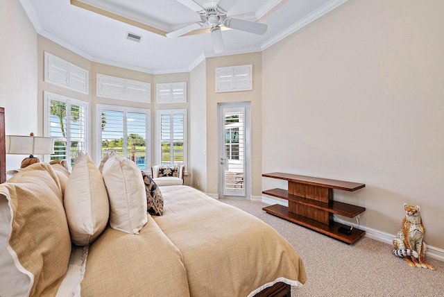 carpeted bedroom with ceiling fan, access to exterior, ornamental molding, and a high ceiling