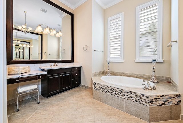 bathroom featuring tiled tub, tile patterned flooring, vanity, and ornamental molding