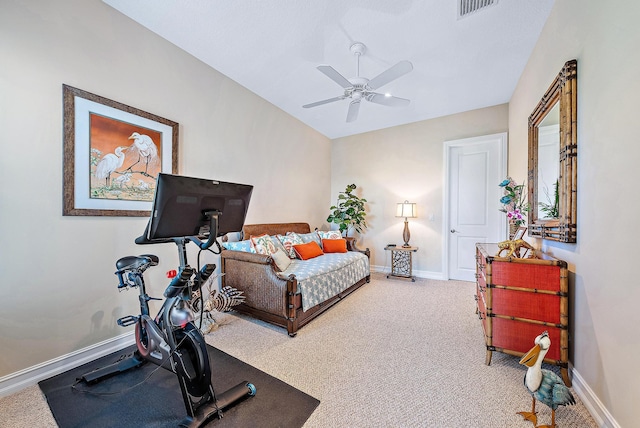 carpeted bedroom featuring ceiling fan