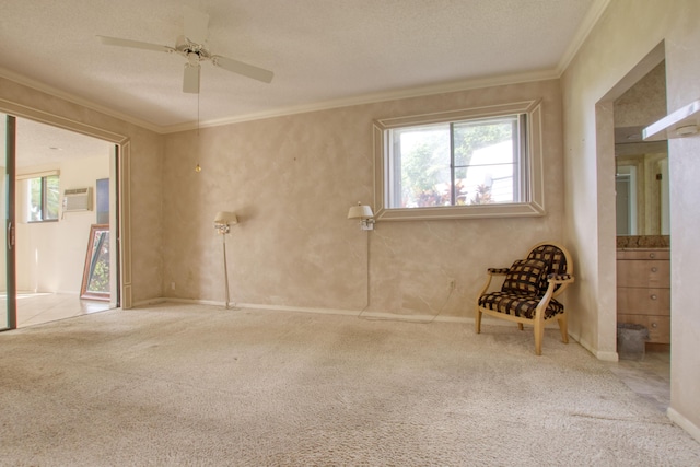 unfurnished room featuring crown molding, light carpet, and a textured ceiling