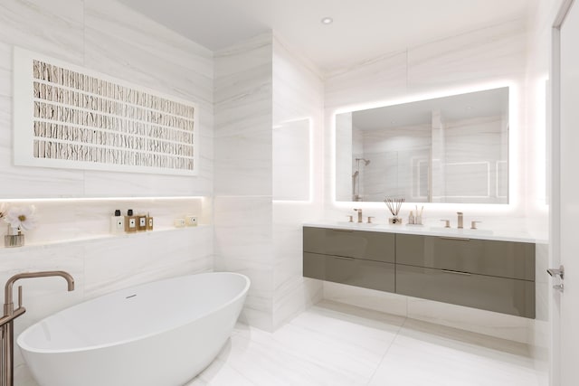 bathroom with vanity, separate shower and tub, and tile walls