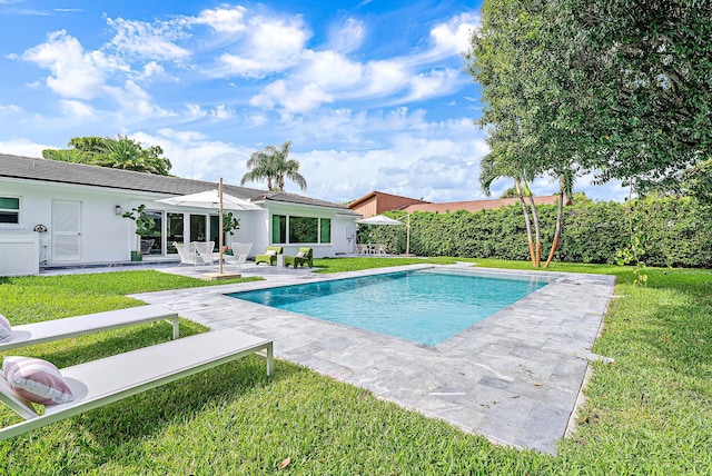 view of pool with a yard and a patio area