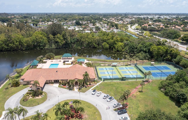 aerial view featuring a water view