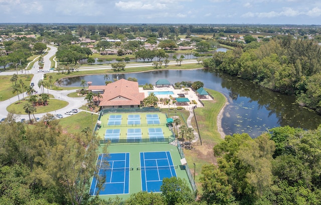 bird's eye view with a water view